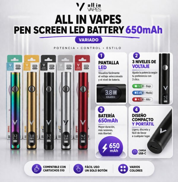 All in Vapes Pen Screen LED Battery 650mAh – Variado